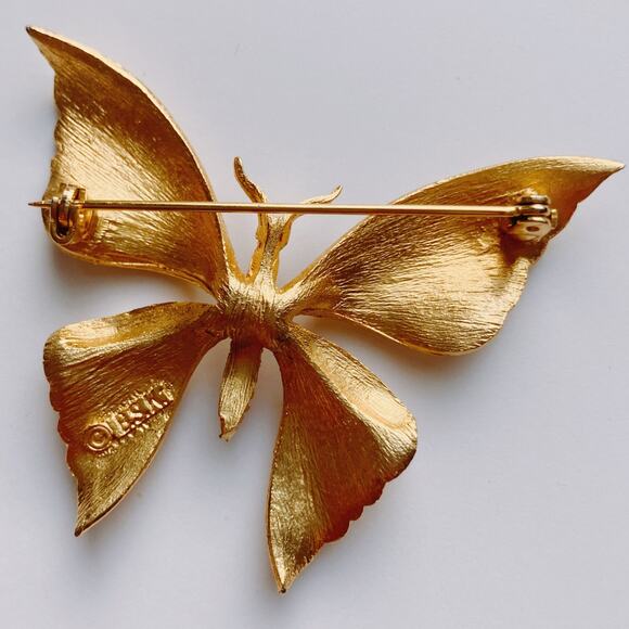 VTG Signed BSK Brooch 1960s Butterfly Textured Gold Tone Pin Mid Century - Picture 9 of 10